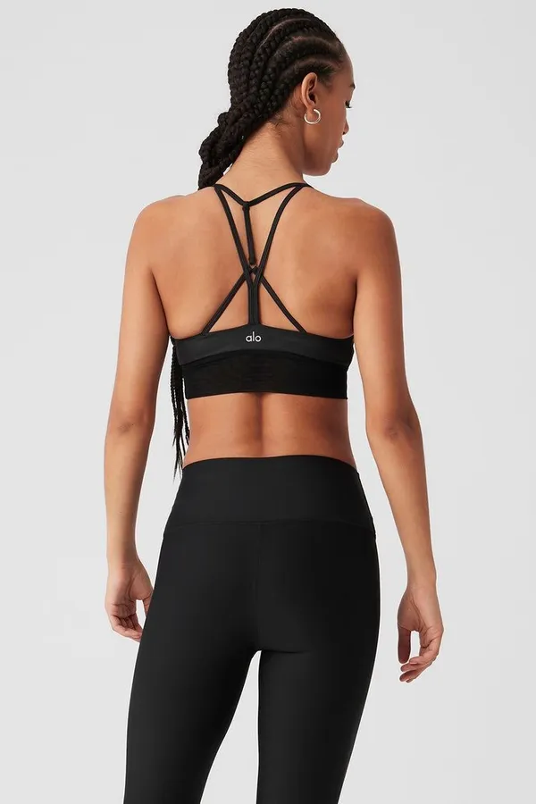 Alo Yoga Lavish Bra Bralette Strapped Mesh Band Glossy Black Lurex Shine Size XS - Image 2