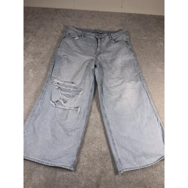 american eagle super high rise baggy wide leg ankle 14 Short Distressed Lt Wash - Image 2