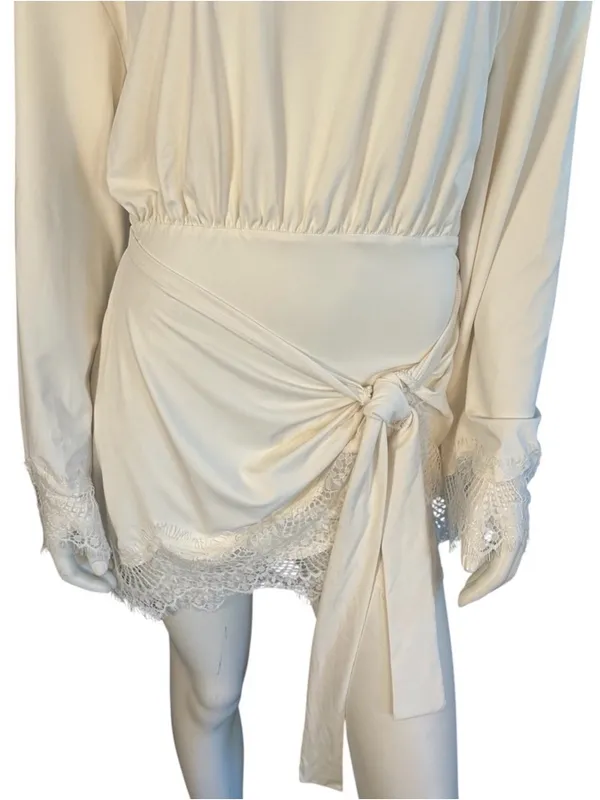 AiiRZ Long Sleeve Jersey Mini Dress With Lace Trim Cream Large NWT - Image 8