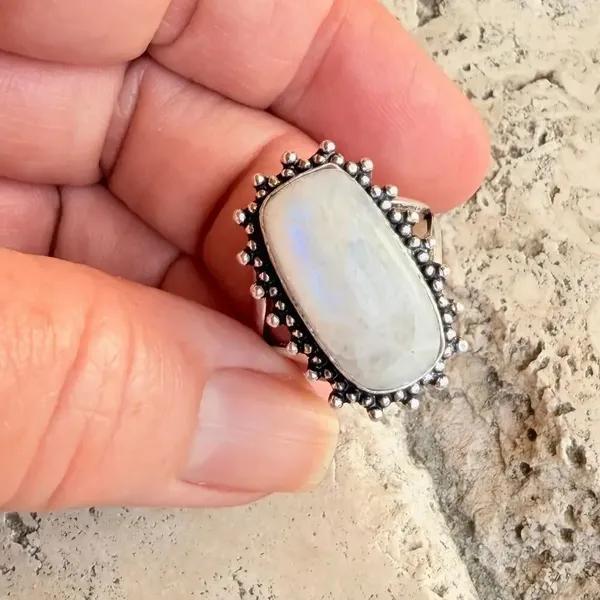 Rainbow Moonstone 925 Silver Overlay Ring Size 9 - Image 6
