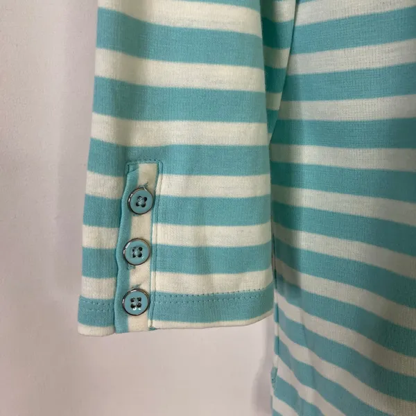 Talbots Aqua White Stripe 3/4 Sleeve Top Button Detail 100% Cotton Womens Large - Image 2