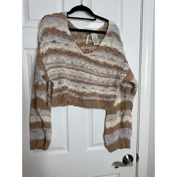 FREE‎ PEOPLE Lake Life Open Weave Crochet Oversized Boxy Fit Cropped Sweater M - Image 2