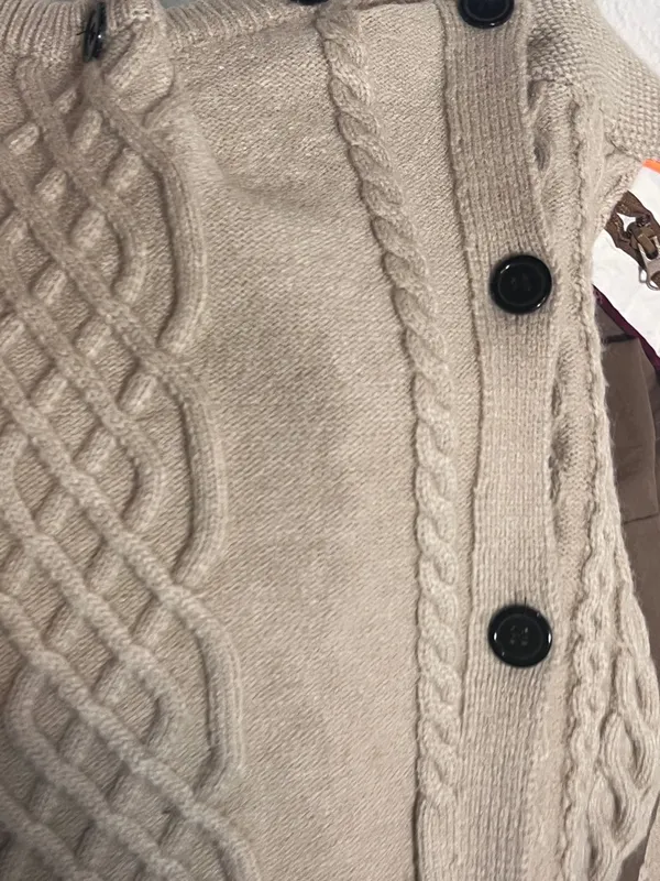 Cable Knit Button-Detail Beige Sweater with Color-Block Sleeve - Image 4