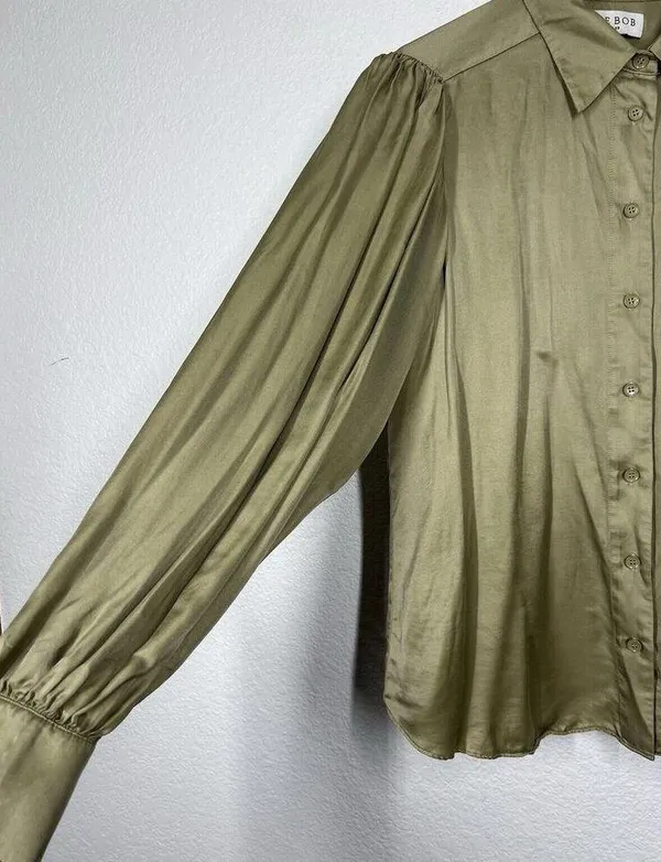 Hale Bob Satin Button Front Top Small Silk Blend Olive Puff Sleeves - Image 5