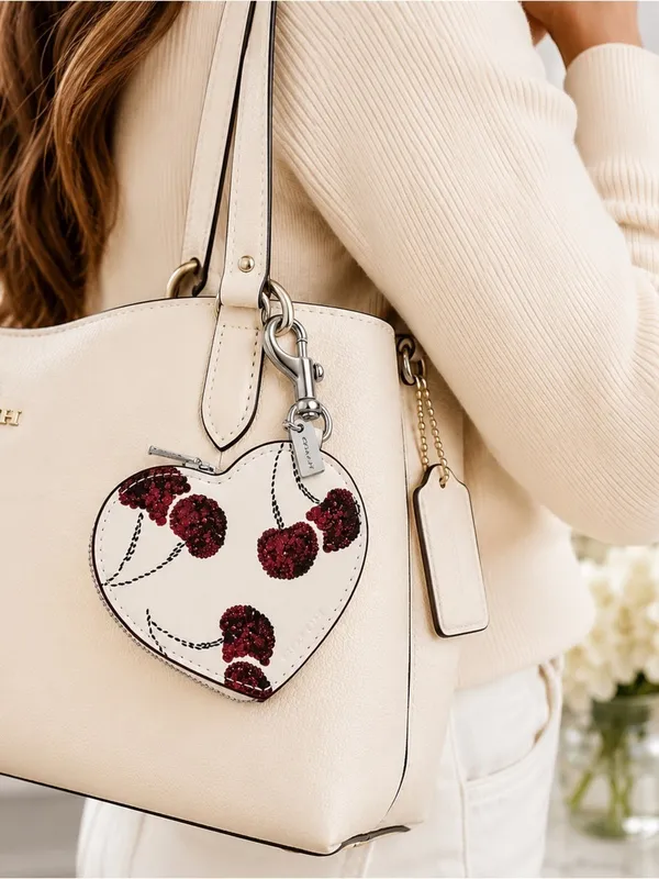 NEW Coach White Cherry Print Heart Bag Charm Coin Case CDB55 with dust bag NWT - Image 4