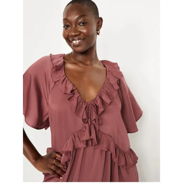 Old Navy Women’s Satin Ruffle Mini Dress Medium Burgundy Romantic Feminine Fairy - Image 11