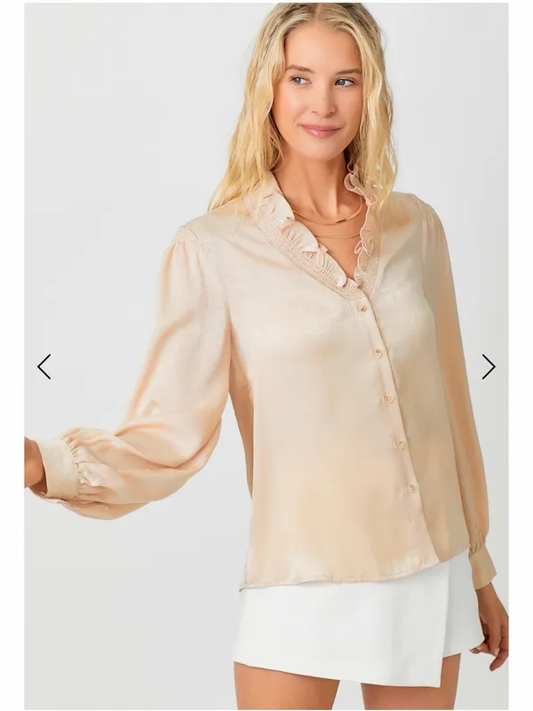 Mystree Ivory Satin Ruffle Neck Blouse Balloon Sleeve Button Down Sz S NWT - Image 5
