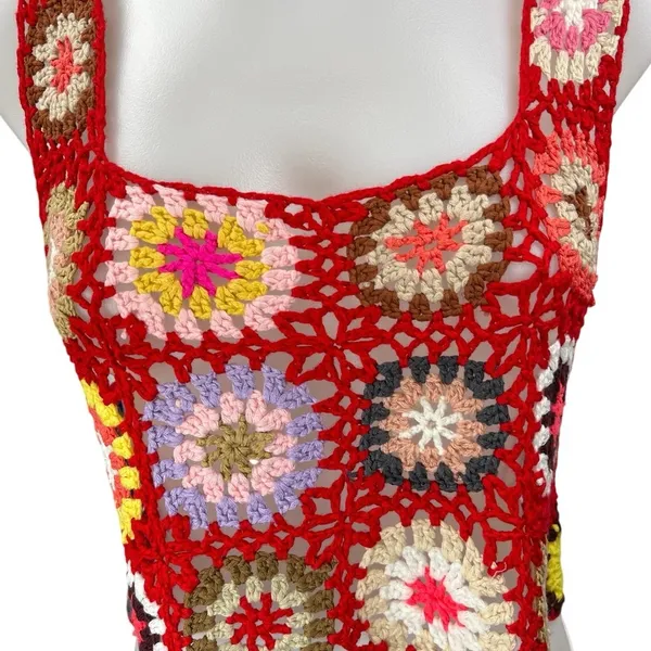 Red Crochet Granny Floral Hollow Out Festival Boho Square Crop Tank Top Size M - Image 3