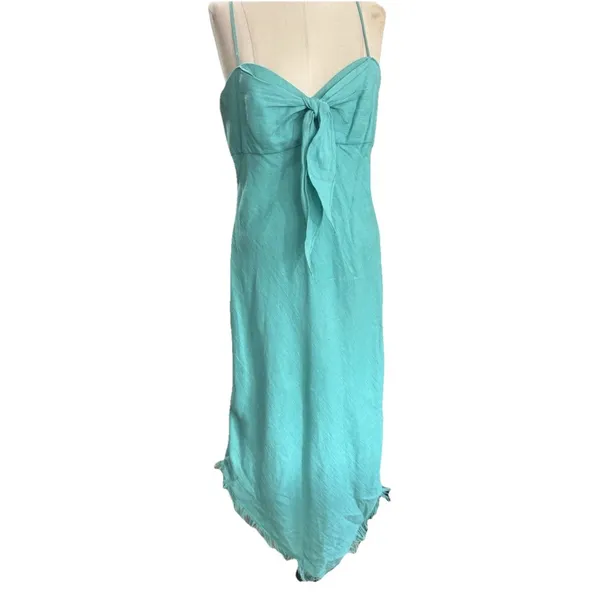 Le Muse Women's 100% Linen Bow Front Asymmetrical Midi Dress Teal Blue Sz 6 - Image 16
