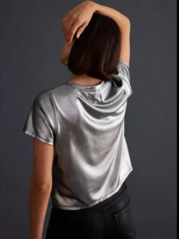 Porridge Anthropologie Women’s Size Medium Petite Shine Glam Tee Metallic Silver - Image 3