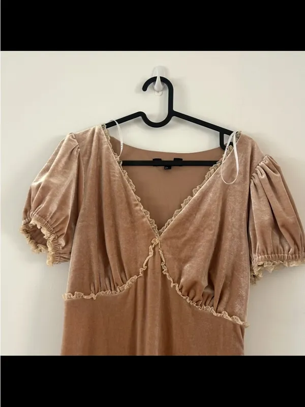 Lulus Idyllic Poise Blush Pink Velvet Puff Sleeve Lace Midi Dress Size L - Image 3