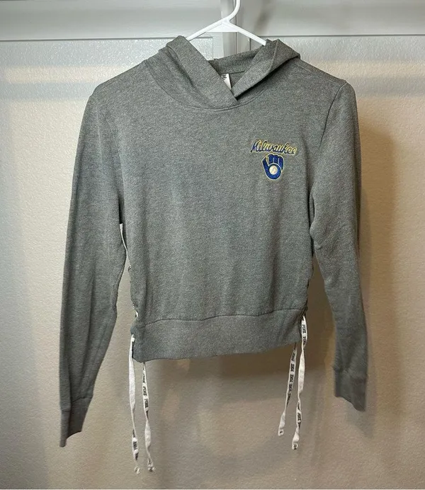 PINK Victoria's Secret Gray Milwaukee Brewers Hooded Crop Sweatshirt - Image 2