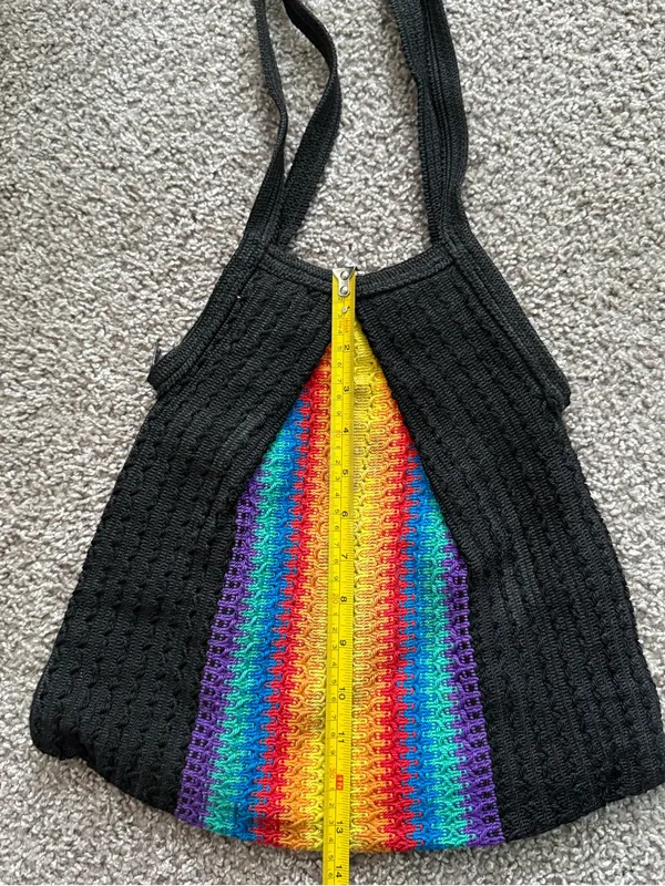 Vintage Rainbow Colorful Woven Shoulder Bag Black Bohemian Pride Hobo Tote - Image 12