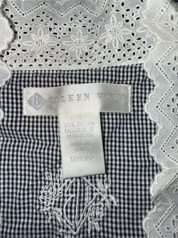 Eileen West Blue Gingham Cotton Robe White Lace Trim Tie Waist Cover Up - Image 4
