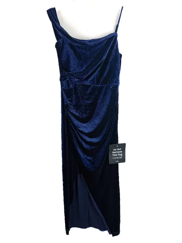 NWT Lulus Showing Off a Little Navy Velvet Asymmetrical Tulip Midi Dress Medium - Image 2
