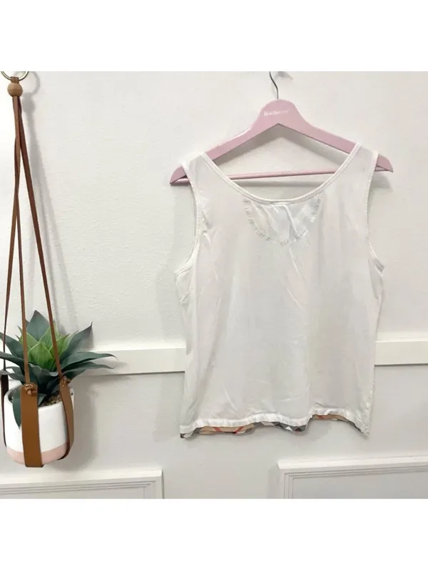 Burberry Brit Check Trim Stretch Cotton Jersey Knit White Tank Top Size L - Image 5