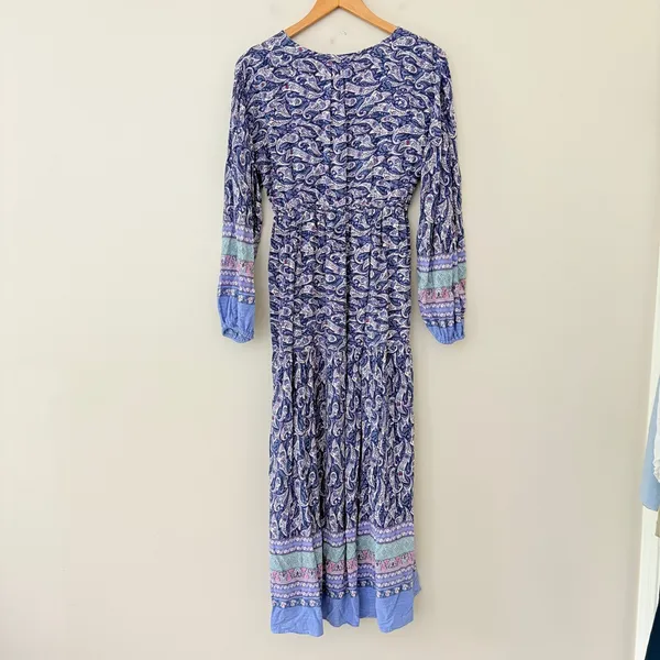Few Moda Maxi Dress Small Blue Paisley Boho Tiered V-Neck Long Sleeve Drawstring - Image 3