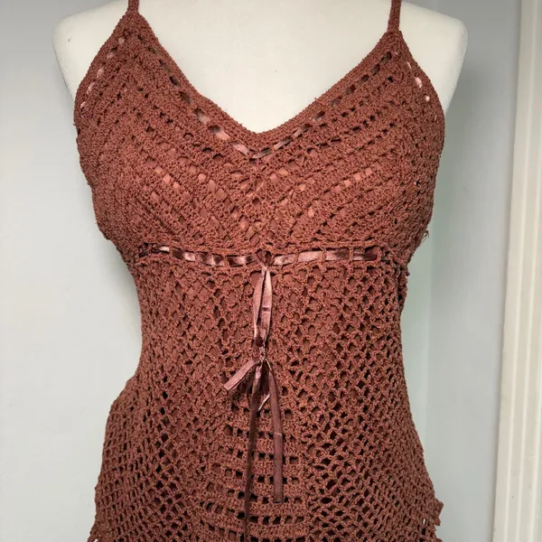 Y2K Faded Glory‎ Brown Silk Crochet Cami Top Womens XL Boho Romantic Vintage - Image 2