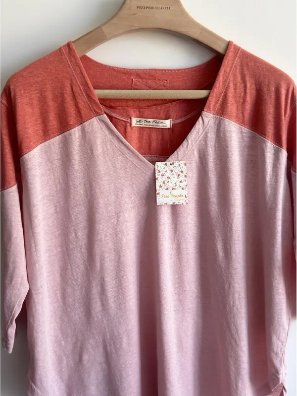 Free People We The Free Pink Combo Colorblock V Neck 3/4 Sleeve Top XS NWT - Image 6