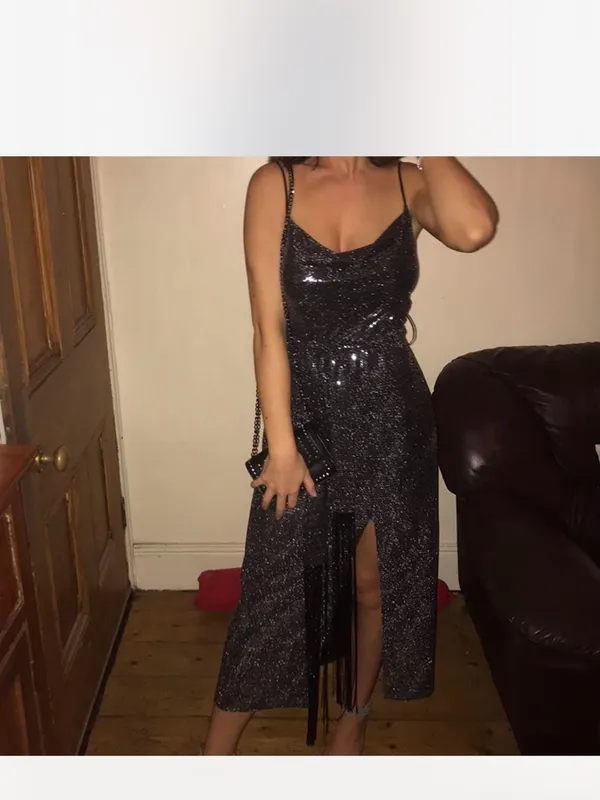 NWT Zara Silver Sequin Midi Dress With Fringed Belt and Side Slit - Image 5