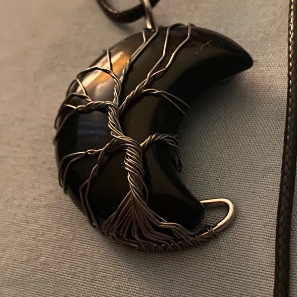 16” Black Cord Necklace Obsidian Black Moon Pemdant Silver Wrap Tree Of Life - Image 3