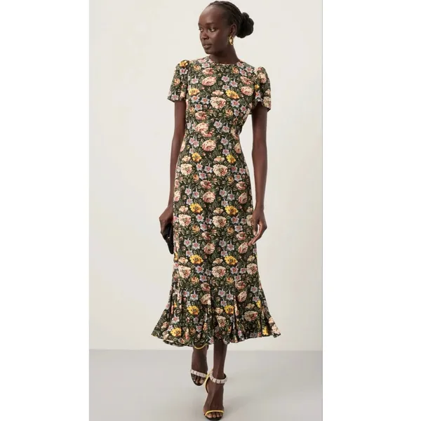 RHODE Black White Yellow Floral Lulani Crew Neck Short Sleeve Cocktail Dress 2 - Image 6