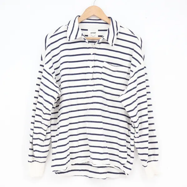 Aerie Women's Navy White Striped Long Sleeve Polo Shirt Cotton Relaxed XS - Image 2