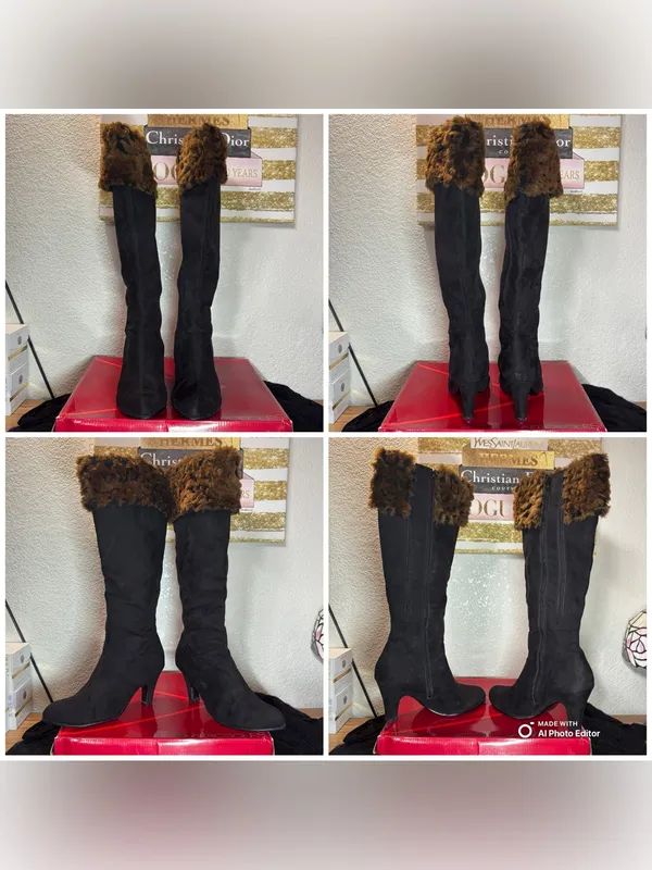 Aerosoles Grape Leaves Boots 7.5 Black Faux Suede Leopard Fur Knee High Heeled - Image 4