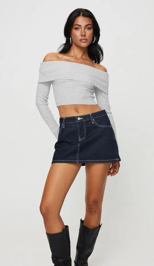 Princess Polly Tagula Off Shoulder Mixed Rib Crop light Gray Sweater long sleeve Women’s top - Image 4