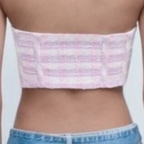 Zara Bustier Top Tweed Plaid Cropped Strapless Pink White Medium‎ NEW - Image 4