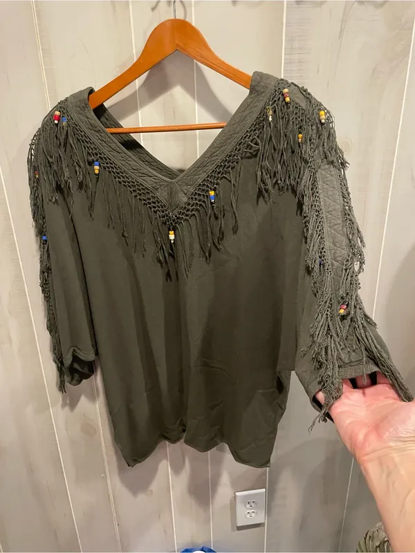 Cute vintage 80s olive beaded fringe oversized v tunic morocco boho festival - Image 4
