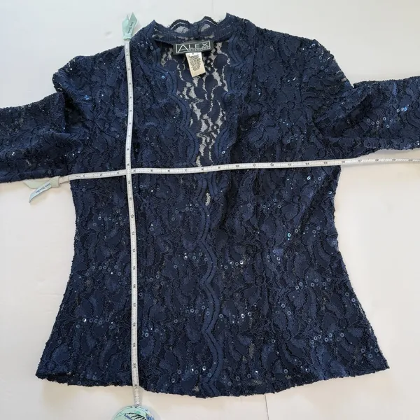 Alex Evenings Navy Blue Lace‎ Glitter Two Piece Jacket Sleeveless Satin Dress 6 - Image 8
