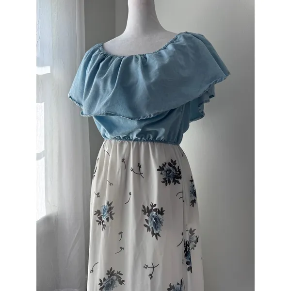 Blue & White Floral Print Ruffle Top Maxi Dress - Image 3