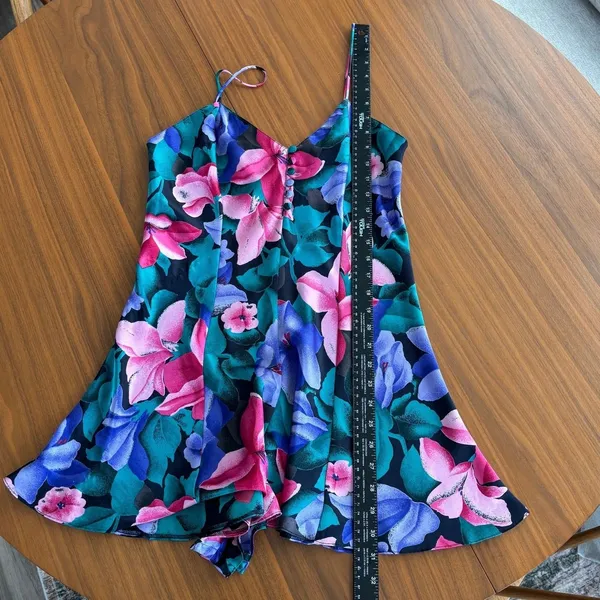 80s Vintage Cacique Lingerie Bold Floral Slip Dress Romper Sleepwear Glam Small - Image 10