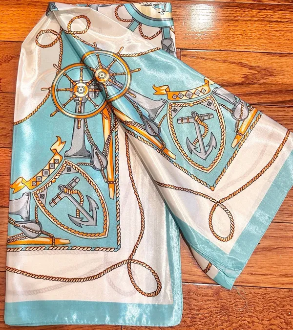 Vintage Square Sailing BOAT,WHEEL&Anchor 35/35 Oversized TEAL satin Silky SCARF - Image 10