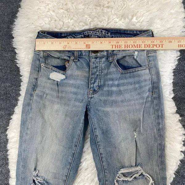 AMERICAN EAGLE LIGHT BLUE DISTRESSED BUTTON FLY BOY JEAN DENIM MID RISE - Image 2