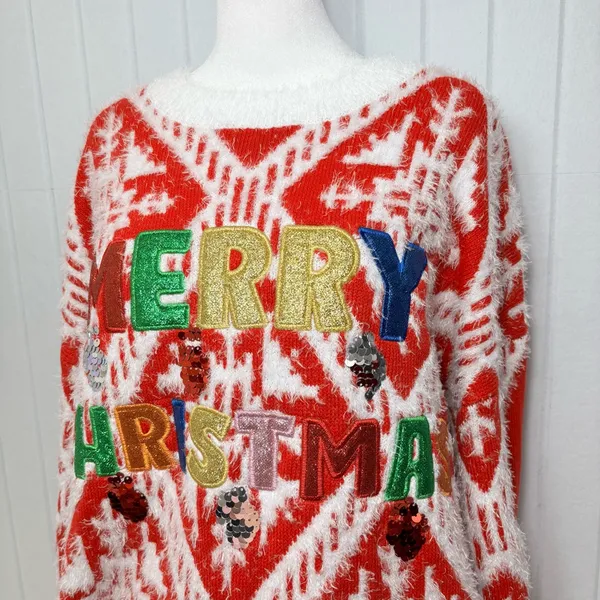 HOLIDAY TIME Red "Merry Christmas" Christmas Ugly‎ Sweater Size L NEW - Image 3