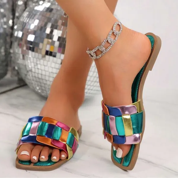 Women’s Metallic Slide Sandals – Color Block Woven Strap, Flat Comfort - Image 3