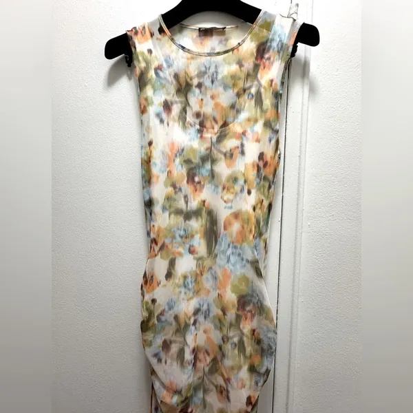 Zara Tulle Mesh Ruched Midi Abstract Colorful Watercolor Dress Small - Image 4