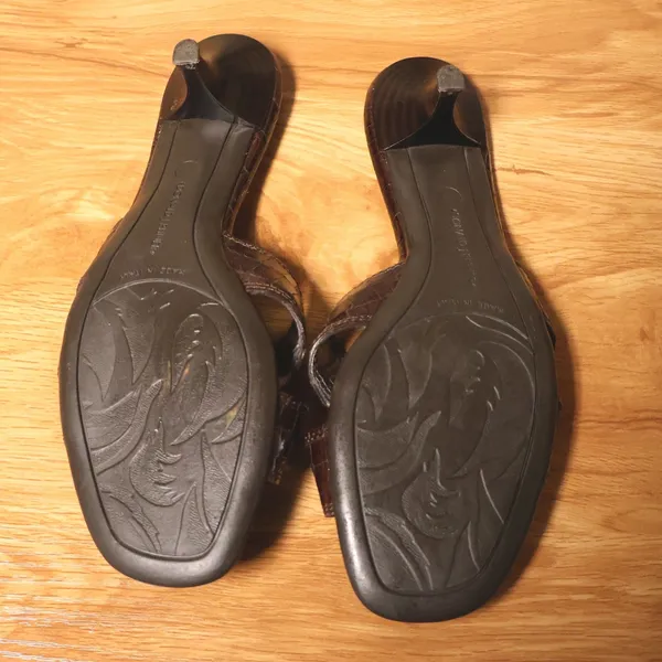 VTG Y2K Donald Pliner Kiki Kitten‎ Heel Sandal Size 7.5 Brown Croc Linen Leather - Image 5