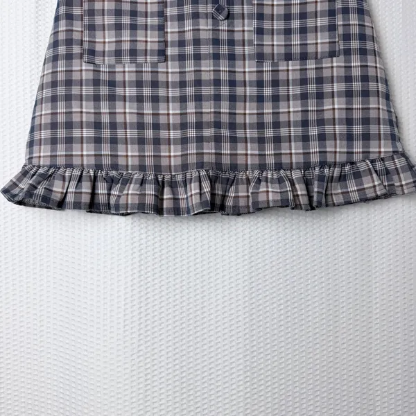 Mooyen Plaid Mini Skirt M Gray Brown School Girl Y2K Academia Ruffle Hem Butt - Image 6