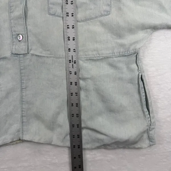 Mumu Denim Chambray‎ Band Collar Button Down Shirt Top Light Wash Size M READ - Image 6