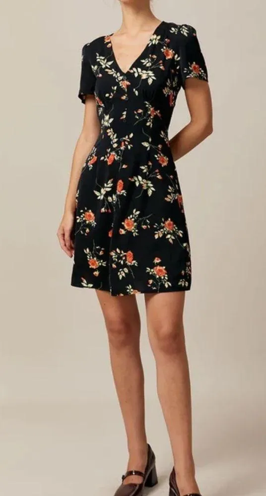 Rihoas Black V Neck Floral Button Up Mini Dress - Image 4