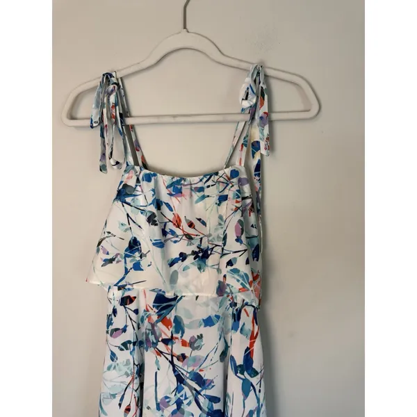 Parker L Nia Dress Blue Multi Flower Pattern Ruffled Front Mini Dress - Image 12