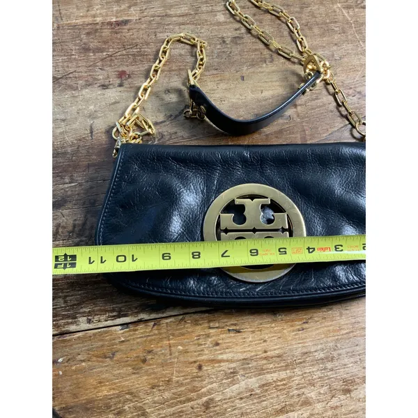 Tory Burch Reva Black Leather Detachable Gold Chain‎ Crossbody Clutch - Image 6