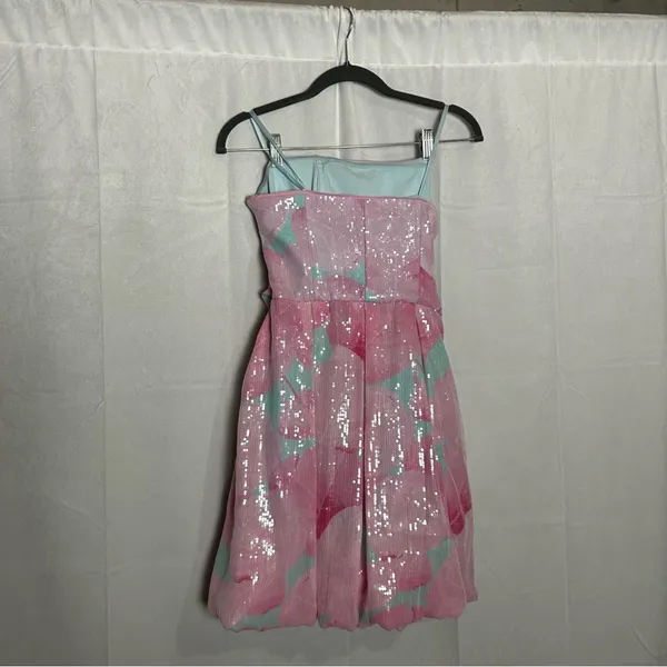 Hutch Anthropologie Aqua Balloon‎ Mini Dress Sequin Bubblegum Blue & Pink Size 4 - Image 4