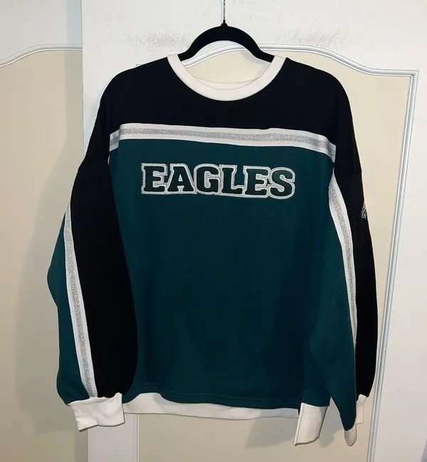 NWT Eagles NFL Team Apparel Silver Glitter Midnight Green Bench Crewneck Glll - Image 3