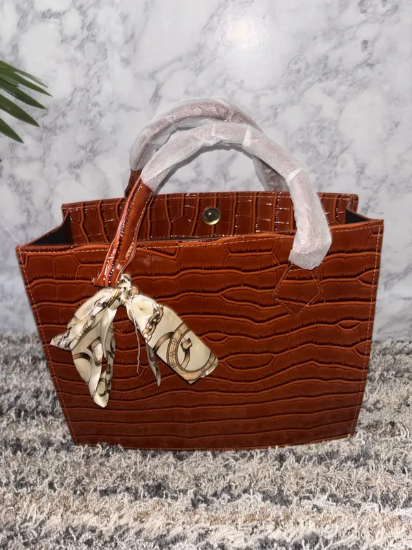 Brown Croc Embossed Top Handle Handbag with Scarf - Image 2