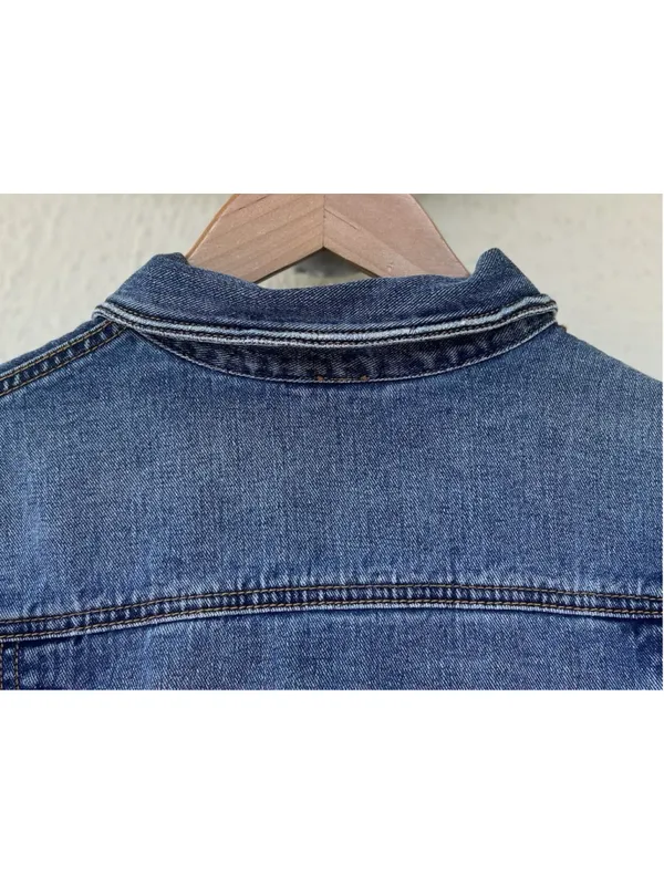 Free People Cropped Denim Jacket Blue Button Front Trucker Jean Western Distress - Image 4