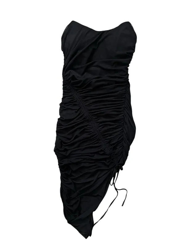 MABLE Simone Black Ruched Mesh Asymmetrical Drawstring Midi Dress Bodycon M - Image 2